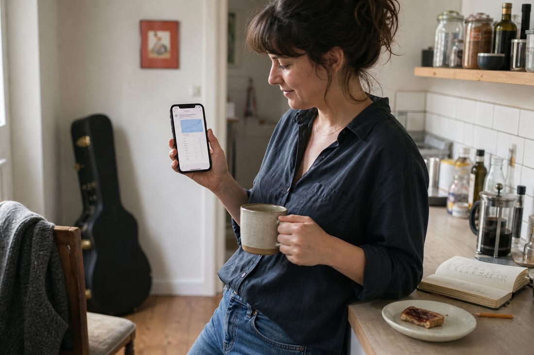 A woman leaning on a kitchen counter with a mug of coffee, reading a phone that shows an assistant's reply with a rising line chart and a column of figures