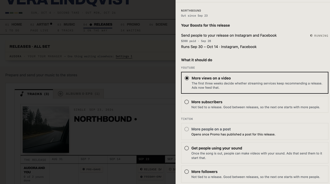 The Boost panel opened on a demo account's single Northbound: one Boost already bought, ads sending people to the release on Instagram and Facebook, running and confirmed to run from Sep 30 to Oct 14, and under it what the next campaign should do, by platform, starting with more views on a YouTube video