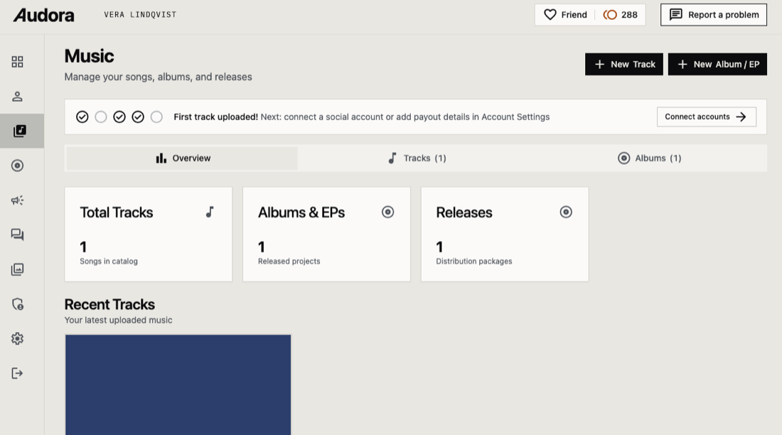 Audora's Music screen on a demonstration account, with counters for total tracks, albums and EPs and releases above a Recent Tracks list showing the track's cover art