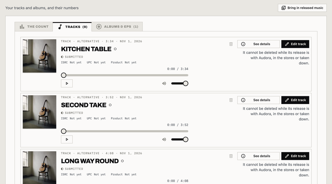 Audora's Music screen on a demo account, on the Tracks tab: the EP's songs as records, each with its cover, genre, length and date, Submitted state, a player, See details and Edit track