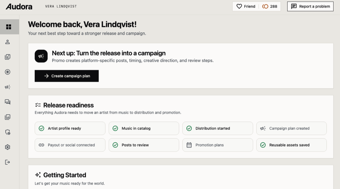 The Audora dashboard on a demonstration account: a Next up card suggesting turning the release into a campaign, above a Release readiness checklist where artist profile, music in catalog, distribution started, posts to review and reusable assets are ticked while campaign plan, payout or social connected and promotion plans are still open