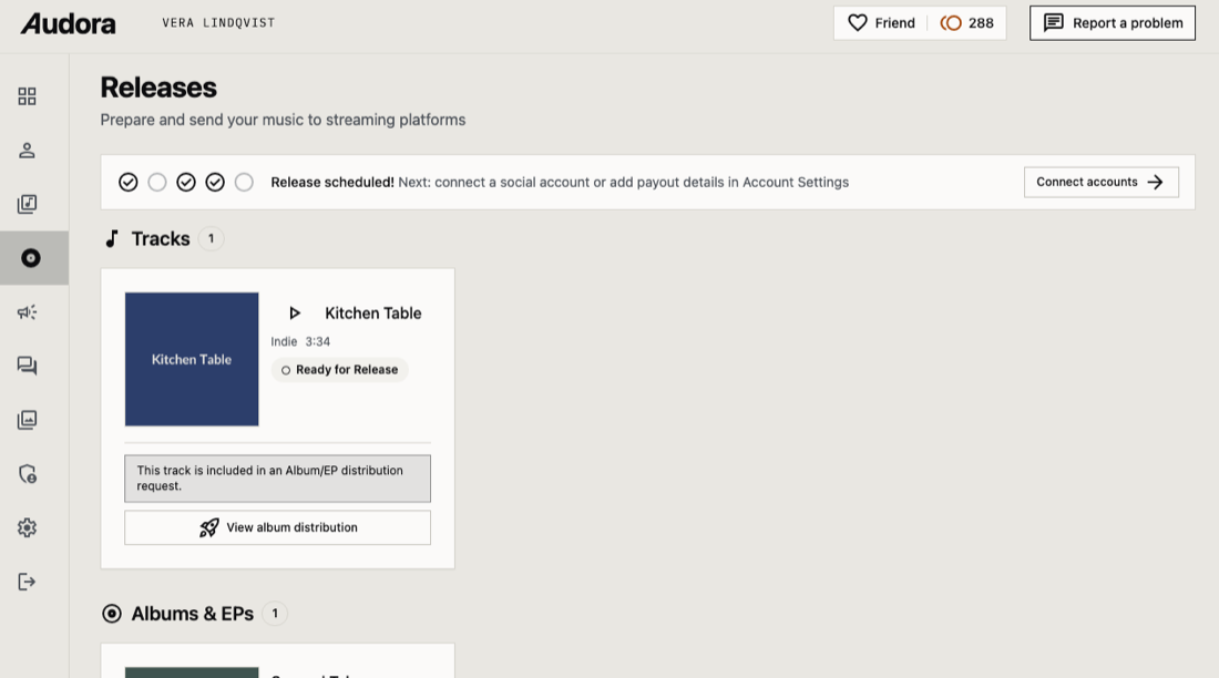 Audora's Releases screen on a demonstration account, showing a track card with its genre, duration and a Ready for Release status pill, above an Albums and EPs section