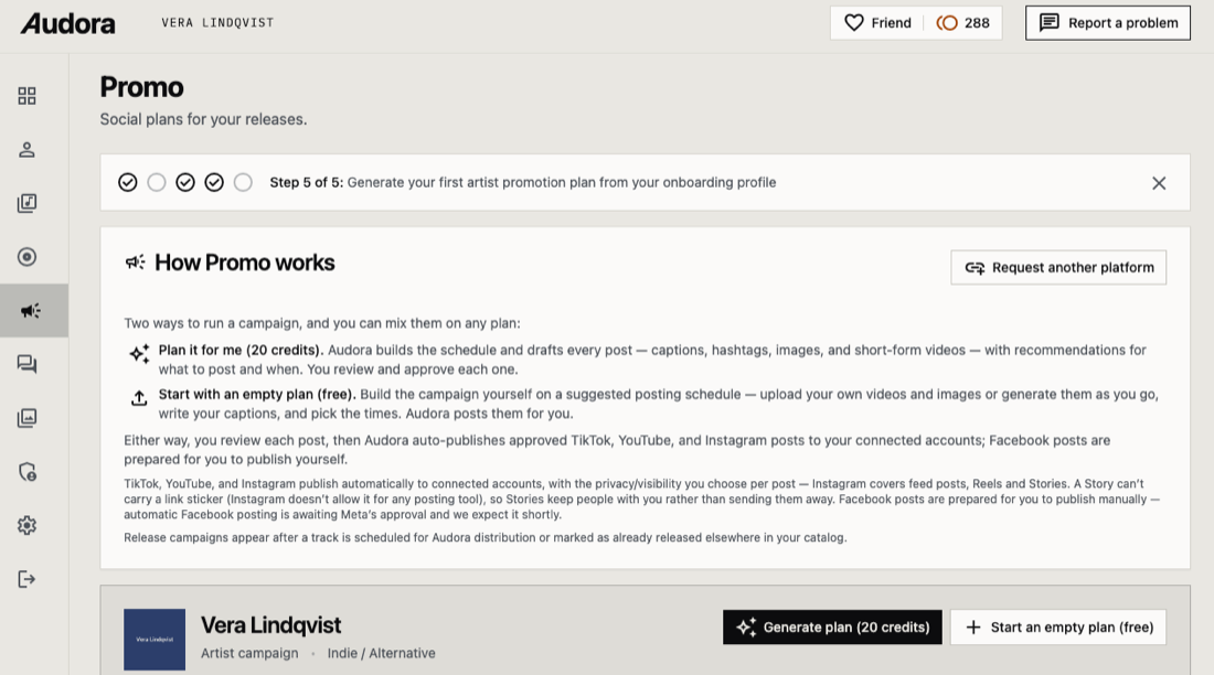 Audora's Promo screen on a demonstration account: a How Promo works panel explaining the two ways to build a campaign, above an artist campaign row with buttons to generate a plan or start an empty one
