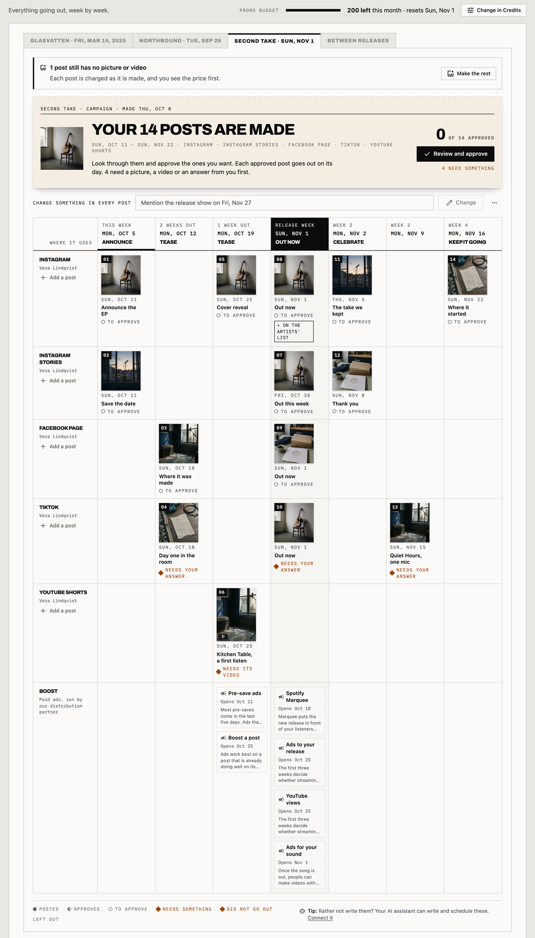 The top of Audora's Promo screen on a demo account: the monthly Promo budget line, the release tabs, the EP campaign card reading Your 14 posts are made with 0 of 14 approved and a Review and approve button, the weeks from Announce through Out now to Keep it going, the Instagram, Instagram Stories, Facebook Page, TikTok and YouTube Shorts rows with each post's picture, date, title and state and an Add a post on every row, and the Boost row with the paid ads each week offers