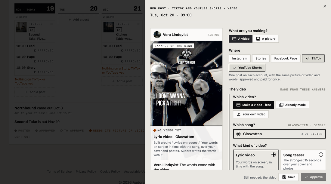 A new post being added on a demo account: What are you making? with A video picked and TikTok and YouTube Shorts ticked under Where; on the left the post as it will look, with an example lyric video in the frame; on the right the questions that make the video: make one for free, use one already made or your own, which song and what kind; Save and Approve at the foot