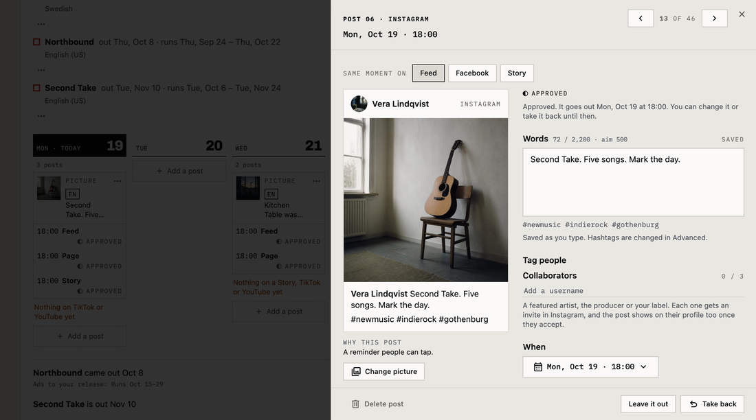 One Instagram post of the EP campaign opened large on a demo account, for Sat, Oct 17 at 18:00, the same moment also going to the Facebook Page and a Story: the post as it will look on Instagram, a photo of a guitar on a chair by a window, with Change picture under it, and beside it Approved, the words with their hashtags, Tag people, the day and time, why this post, and Delete post, Leave it out and Take back at the foot
