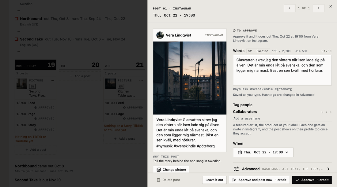 One Instagram post opened large on a demo account, written in Swedish, for Tue, Oct 20 at 19:00: the post as it will look on Instagram with a photo of a microphone by a window at dusk and its Swedish caption, and beside it the words marked SV · Swedish with their hashtags, Tag people, the day and time, and Leave it out, Approve and post now and Approve
