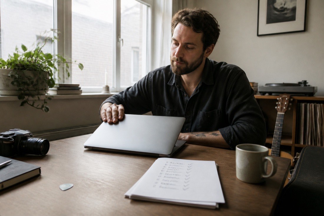 A man at a daylit desk opening a laptop, a printed checklist and a guitar beside him