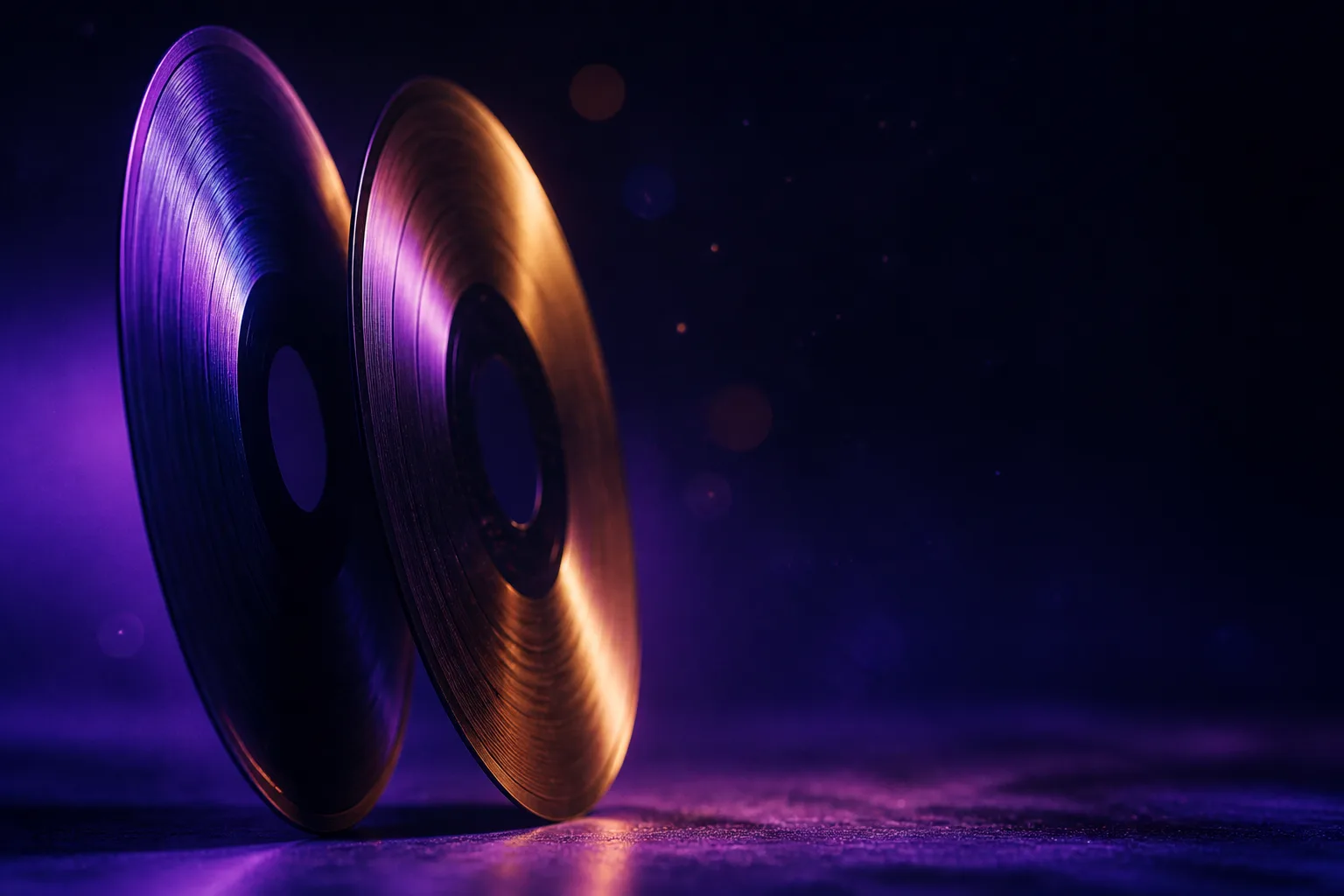 Two vinyl records standing on edge in the dark, one rimmed in violet light and one in amber