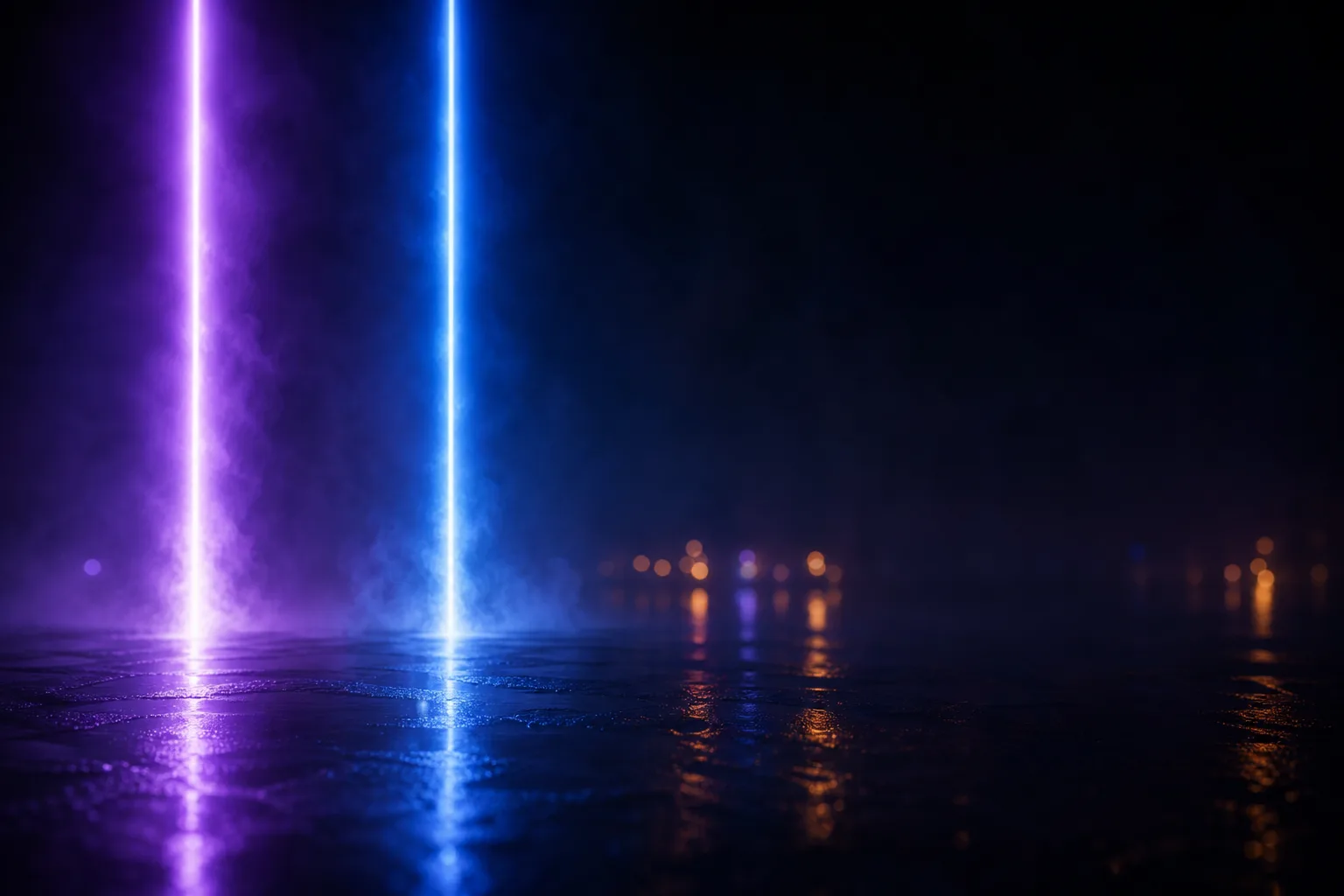 Two columns of light, one violet and one blue, rising side by side from a wet black floor