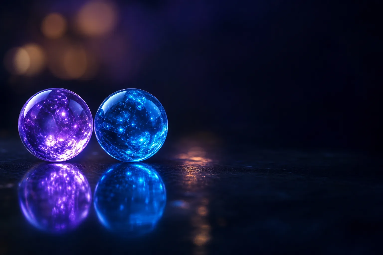 Two glowing glass spheres side by side on a dark reflective surface, one violet and one blue