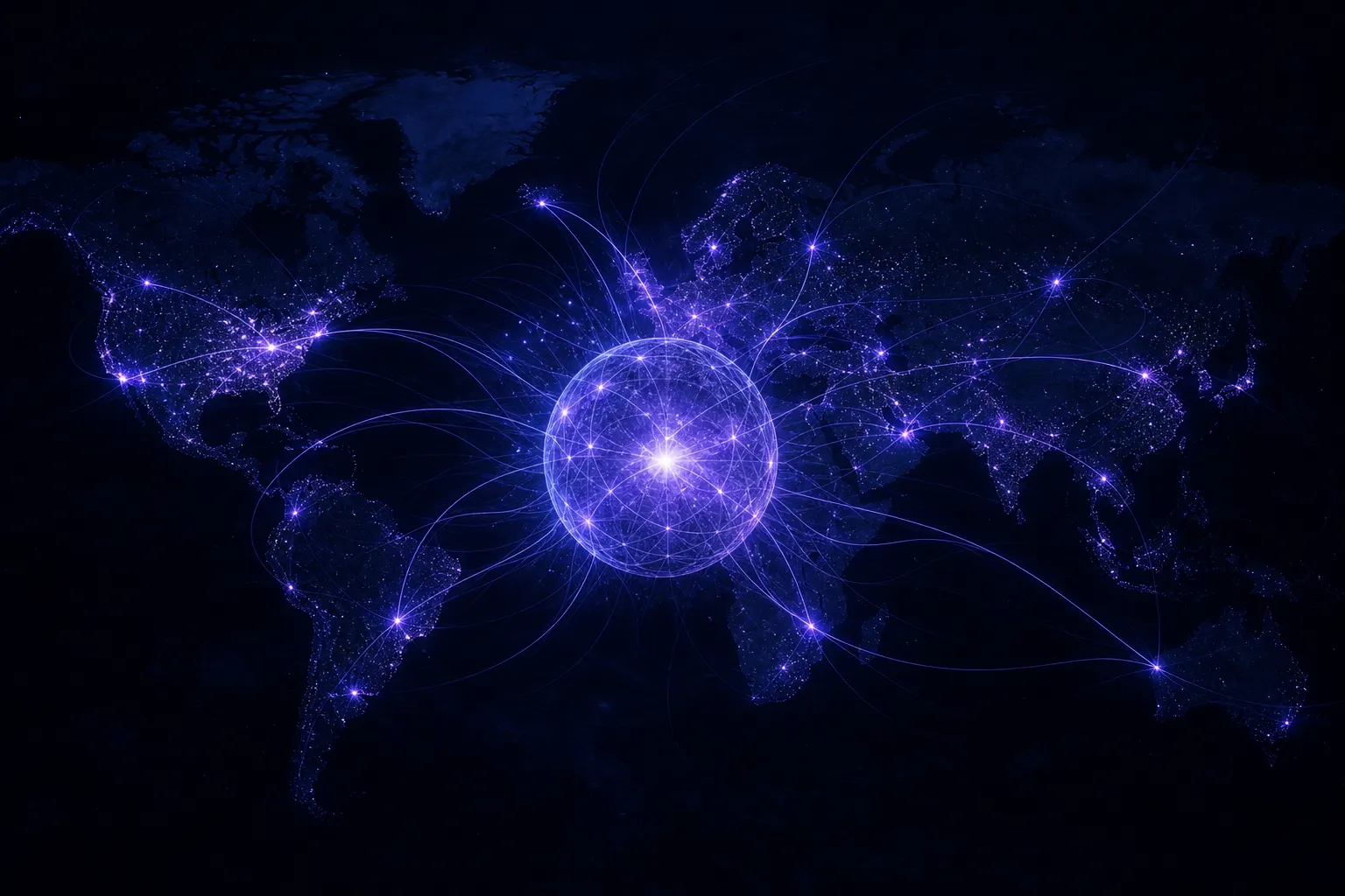 A glowing globe of light with network lines radiating across a dark world map