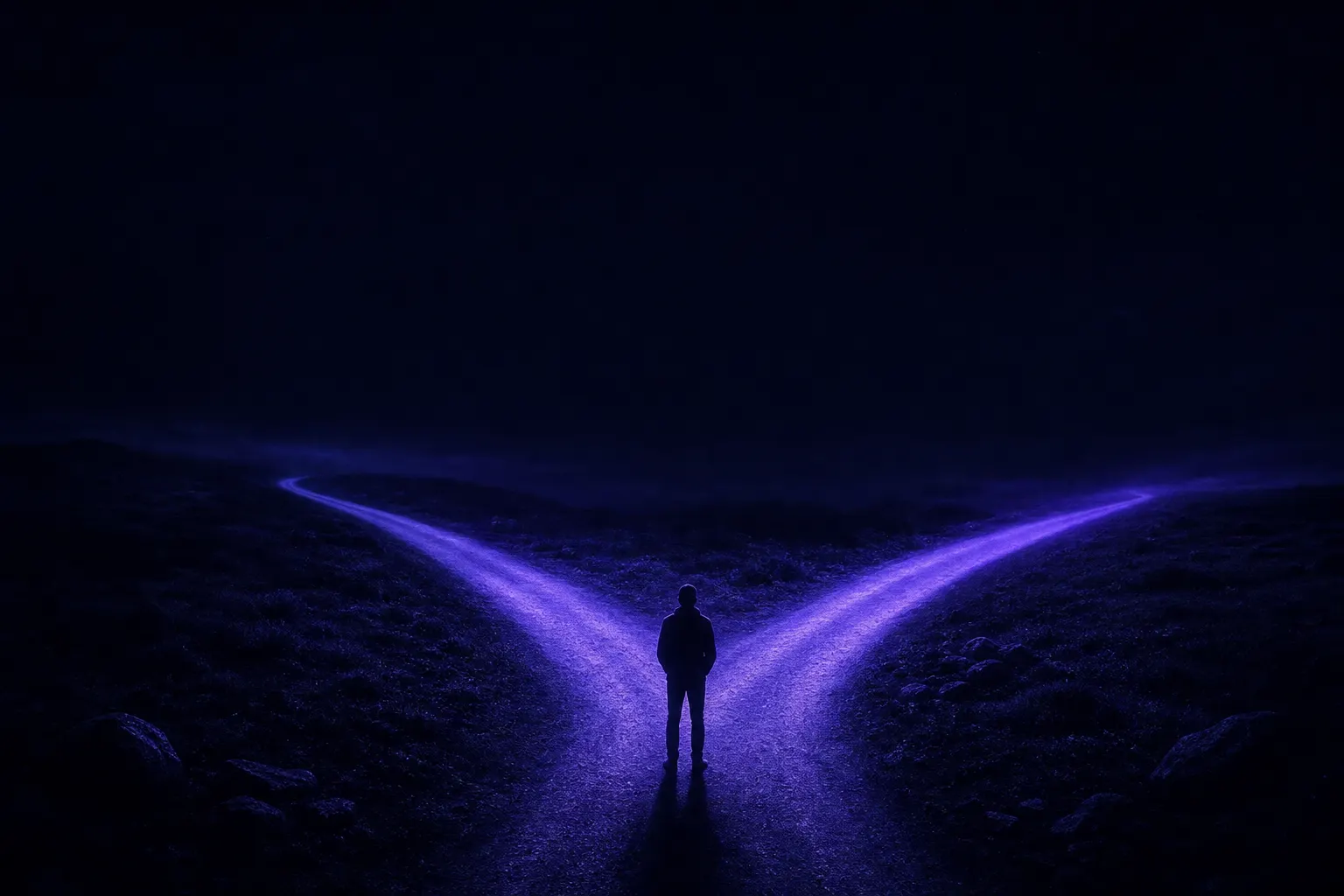 A figure at a fork in a path at night lit by indigo light, choosing a direction