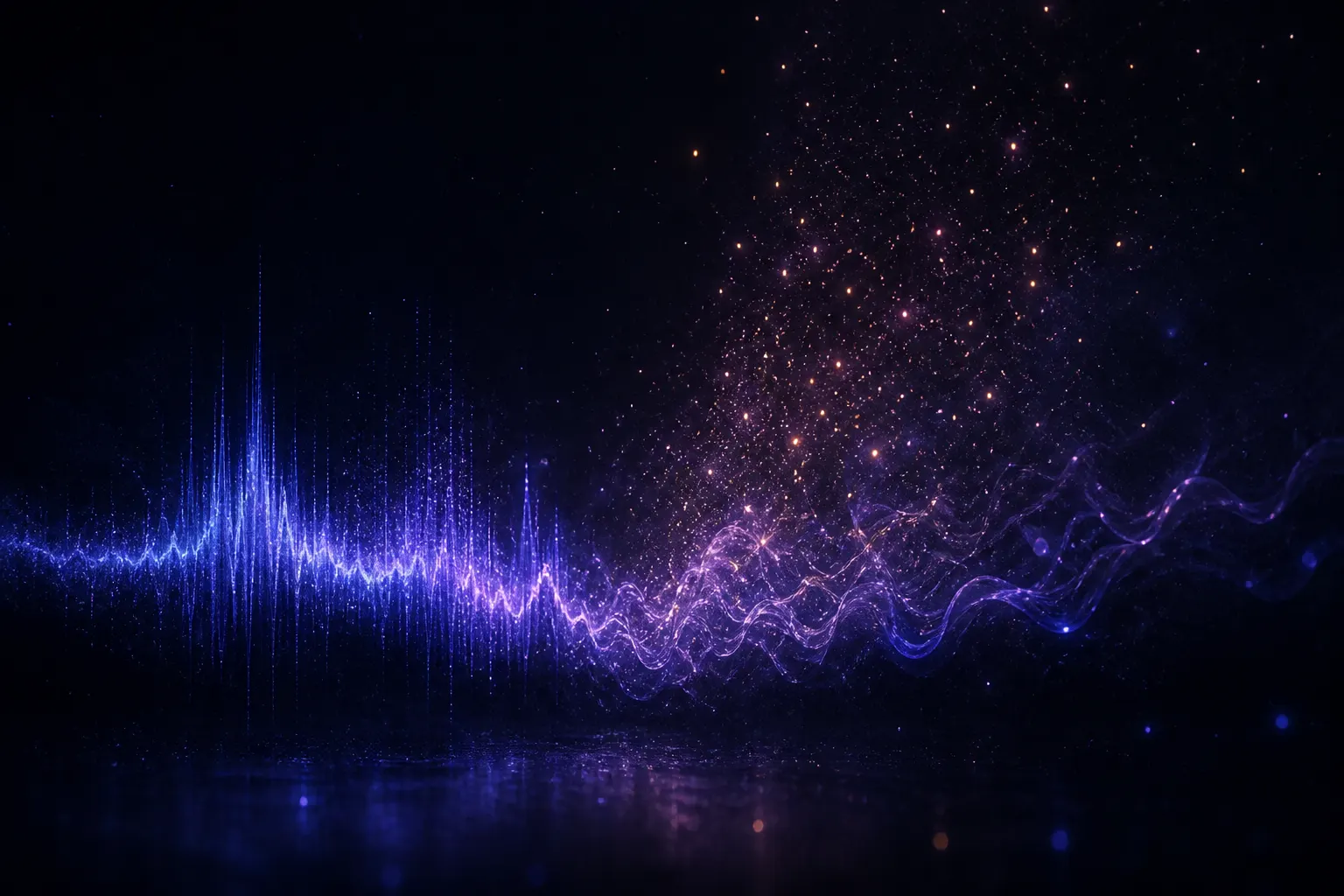 Abstract glowing sound waves dissolving into flowing particles of light