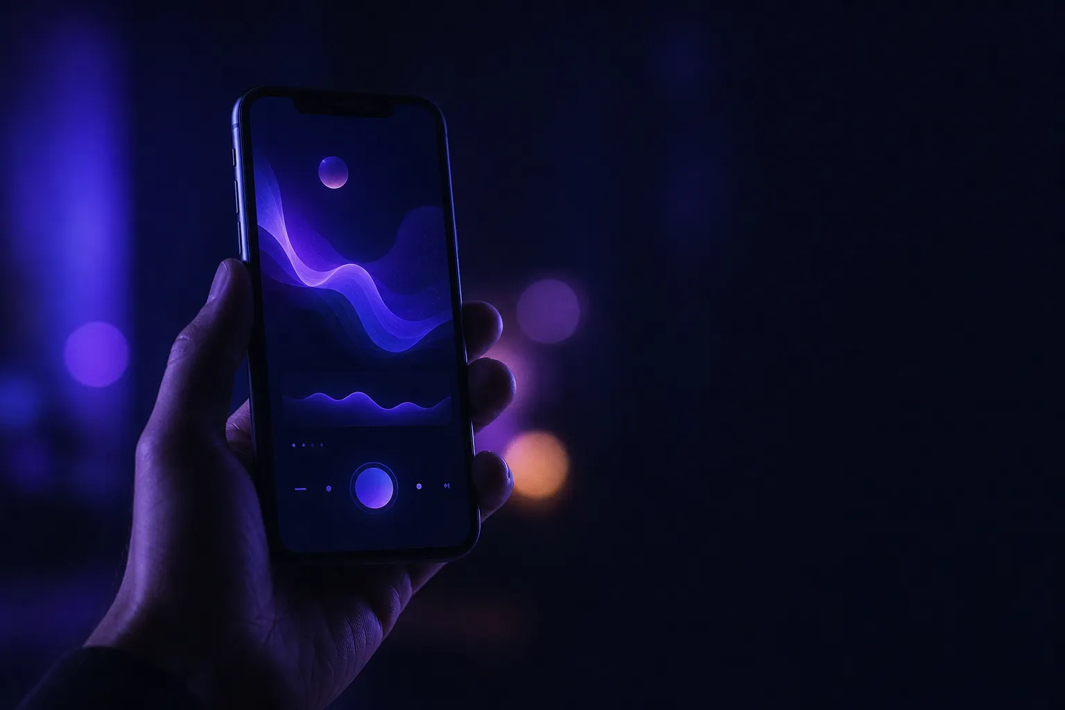A hand holding a phone glowing with a music streaming app in a dark room