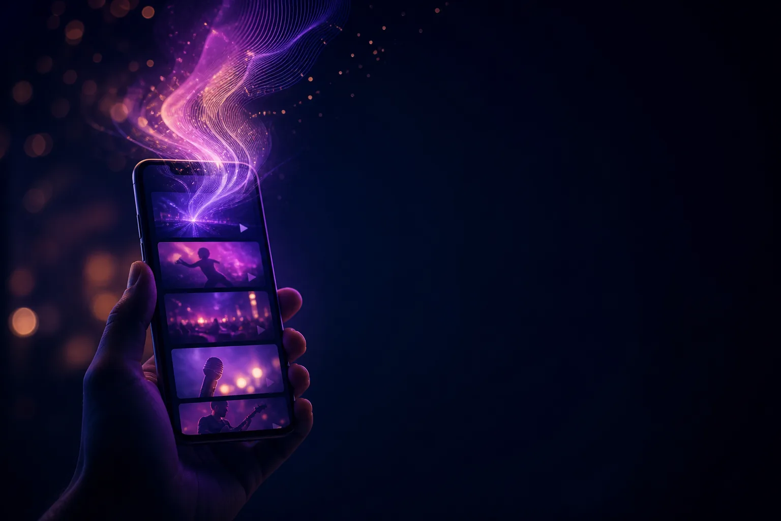 A phone held upright in the dark, a vertical feed of videos on screen and light spilling out of it