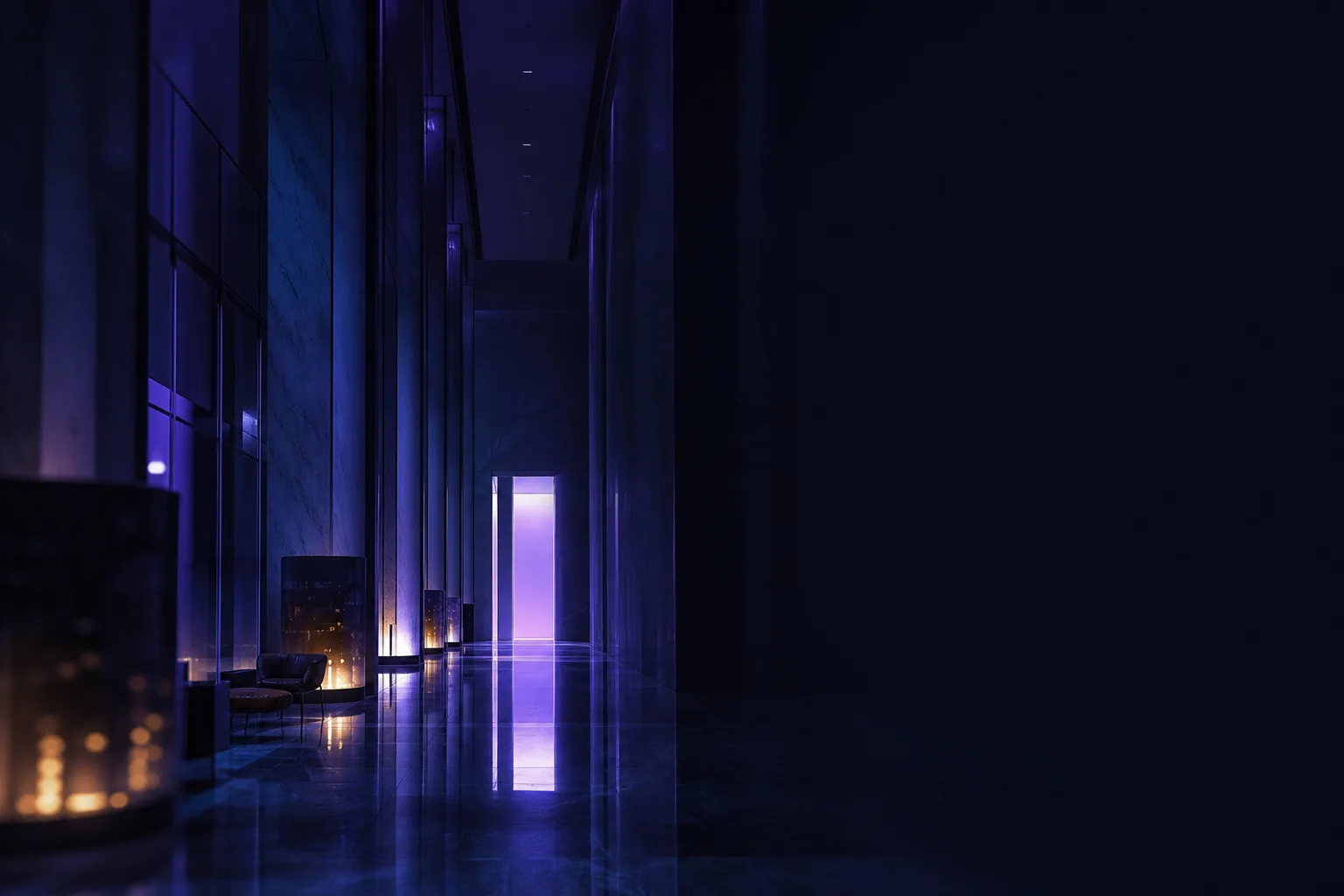 A vast empty modernist lobby corridor with a single distant doorway glowing violet